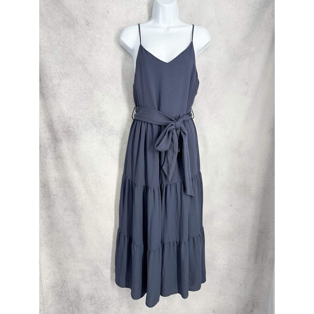 Moon River Spaghetti Strap Navy Gray Tiered Tie Waist Maxi Dress Size Small